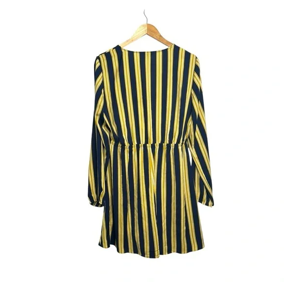 EXPRESS Yellow Navy Stripe Long Sleeve Front Knot Cocktail Flowy Dress Large - Picture 5 of 7